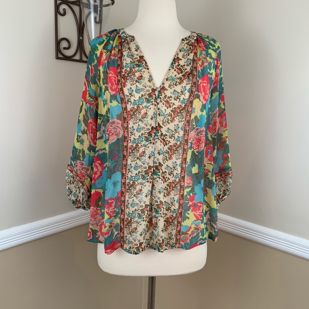 Joie Gloria Floral Silk Popover Peasant Top Blouse